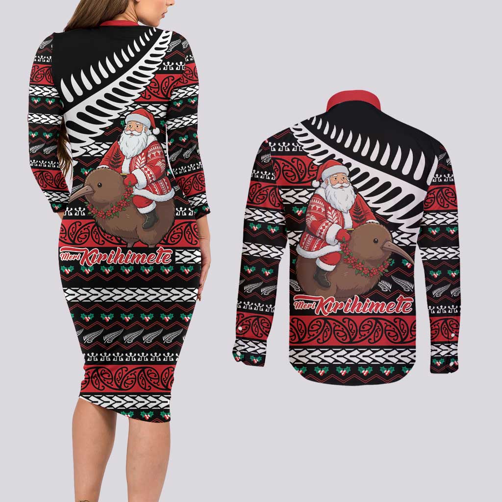 New Zealand Kiwi Santa Christmas Couples Matching Long Sleeve Bodycon Dress and Long Sleeve Button Shirt He Wairua Kirihimete - Aussie Hoodie
