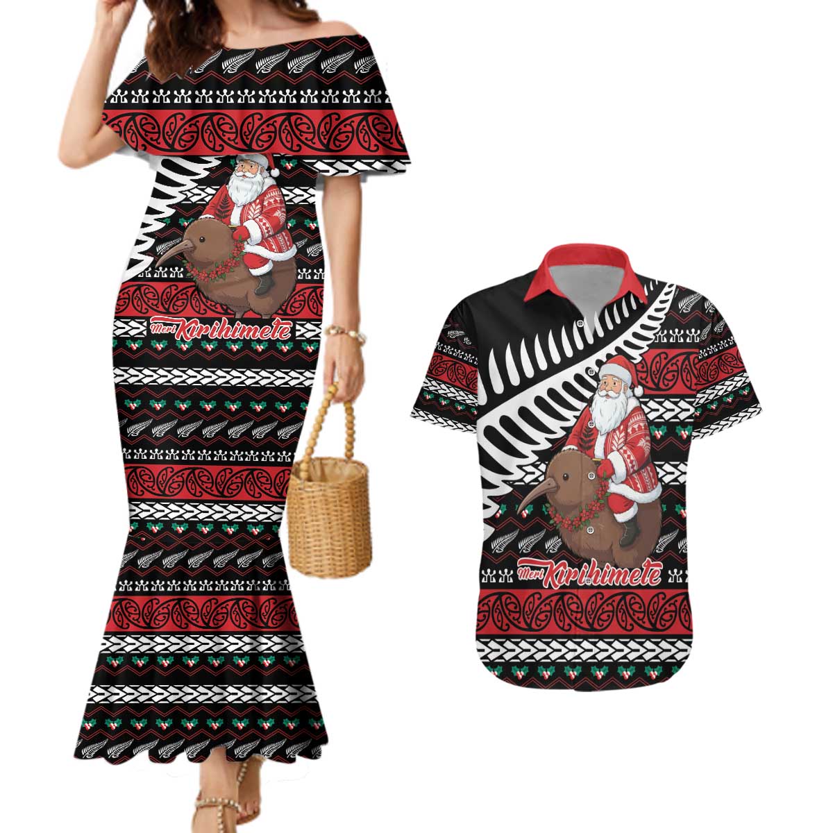 New Zealand Kiwi Santa Christmas Couples Matching Mermaid Dress and Hawaiian Shirt He Wairua Kirihimete - Aussie Hoodie
