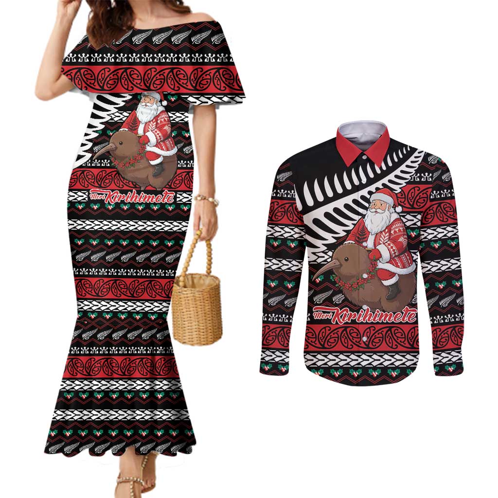 New Zealand Kiwi Santa Christmas Couples Matching Mermaid Dress and Long Sleeve Button Shirt He Wairua Kirihimete - Aussie Hoodie