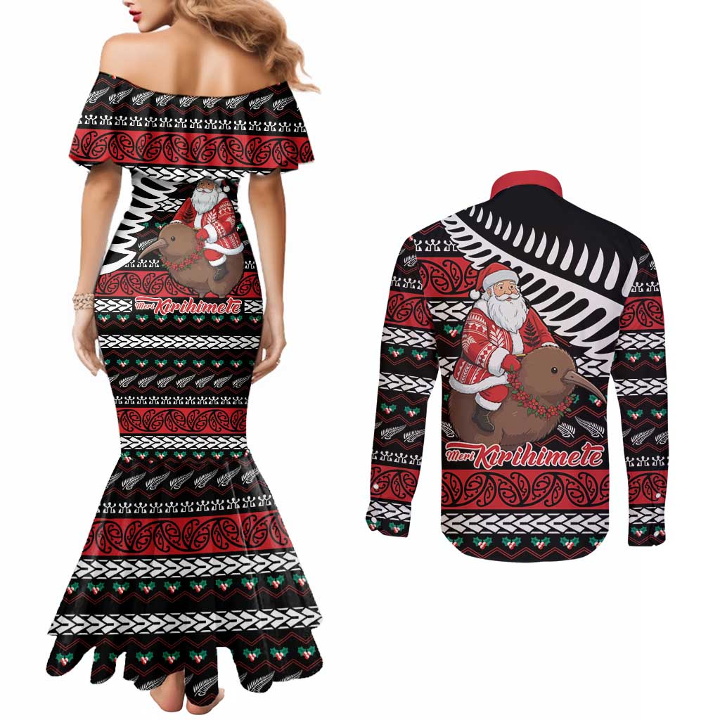 New Zealand Kiwi Santa Christmas Couples Matching Mermaid Dress and Long Sleeve Button Shirt He Wairua Kirihimete - Aussie Hoodie