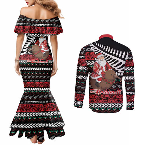 New Zealand Kiwi Santa Christmas Couples Matching Mermaid Dress and Long Sleeve Button Shirt He Wairua Kirihimete - Aussie Hoodie