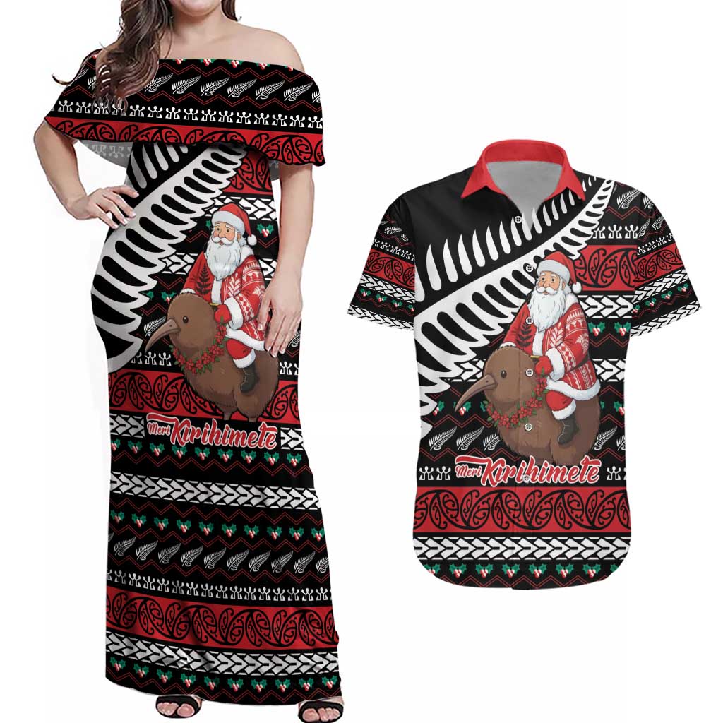 New Zealand Kiwi Santa Christmas Couples Matching Off Shoulder Maxi Dress and Hawaiian Shirt He Wairua Kirihimete - Aussie Hoodie