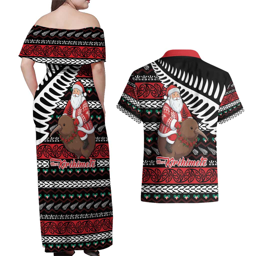 New Zealand Kiwi Santa Christmas Couples Matching Off Shoulder Maxi Dress and Hawaiian Shirt He Wairua Kirihimete - Aussie Hoodie
