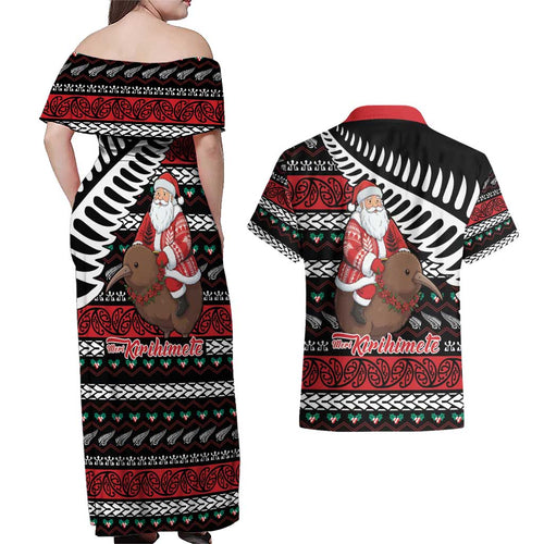New Zealand Kiwi Santa Christmas Couples Matching Off Shoulder Maxi Dress and Hawaiian Shirt He Wairua Kirihimete - Aussie Hoodie