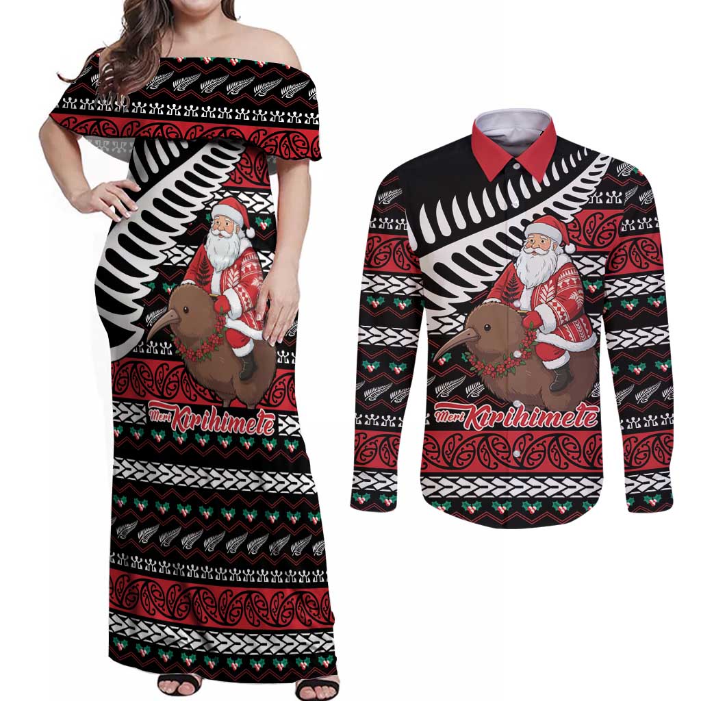 New Zealand Kiwi Santa Christmas Couples Matching Off Shoulder Maxi Dress and Long Sleeve Button Shirt He Wairua Kirihimete - Aussie Hoodie
