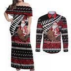 New Zealand Kiwi Santa Christmas Couples Matching Off Shoulder Maxi Dress and Long Sleeve Button Shirt He Wairua Kirihimete - Aussie Hoodie