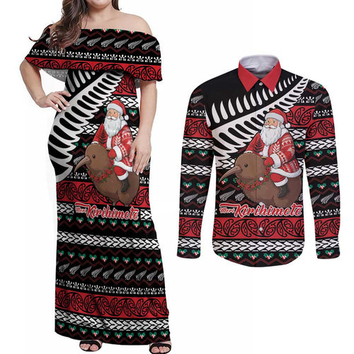 New Zealand Kiwi Santa Christmas Couples Matching Off Shoulder Maxi Dress and Long Sleeve Button Shirt He Wairua Kirihimete - Aussie Hoodie