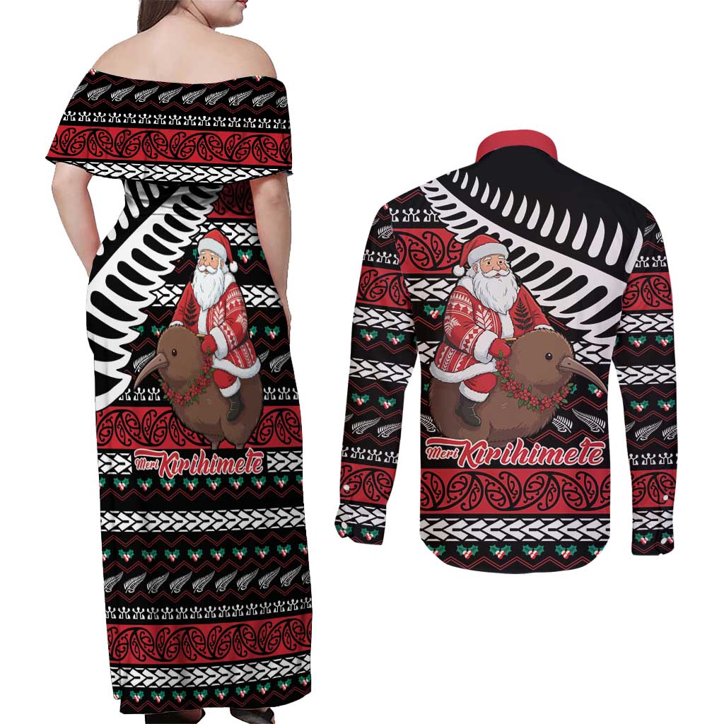 New Zealand Kiwi Santa Christmas Couples Matching Off Shoulder Maxi Dress and Long Sleeve Button Shirt He Wairua Kirihimete - Aussie Hoodie