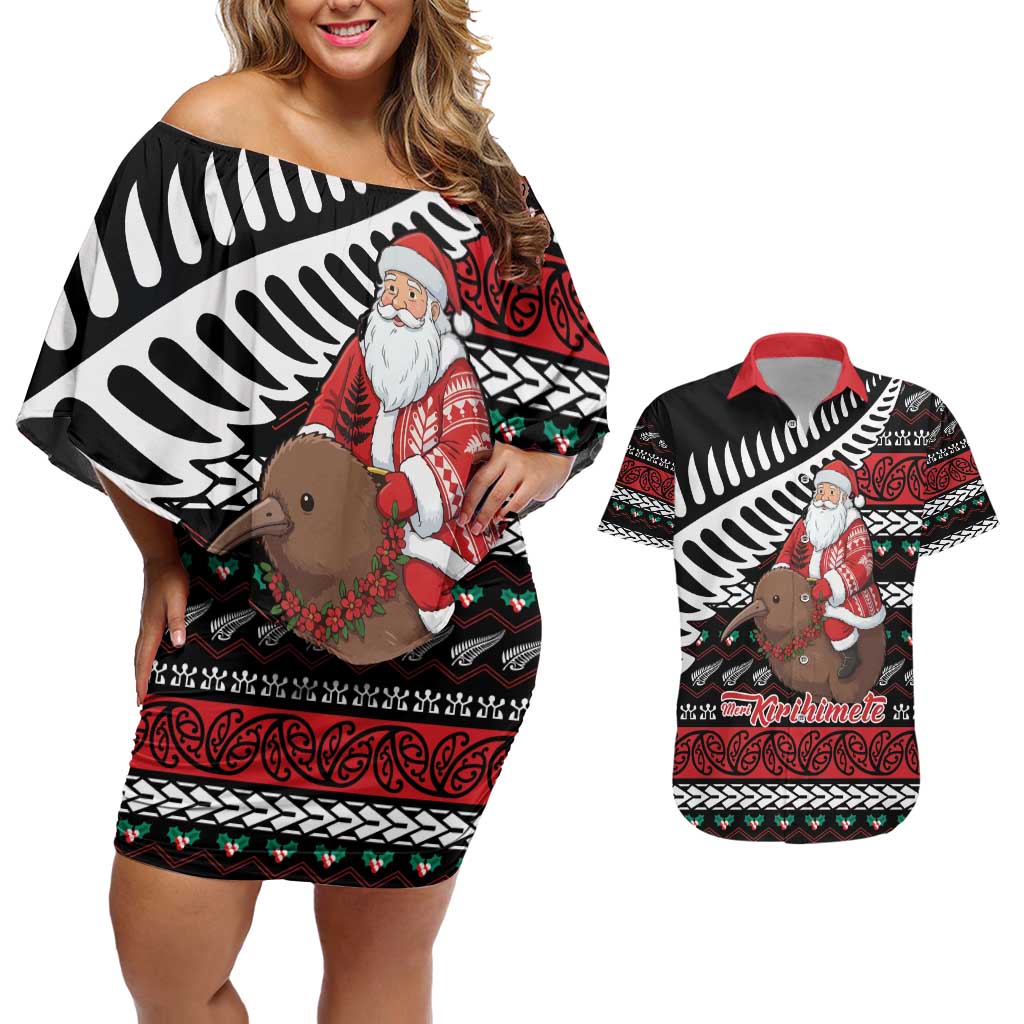 New Zealand Kiwi Santa Christmas Couples Matching Off Shoulder Short Dress and Hawaiian Shirt He Wairua Kirihimete - Aussie Hoodie