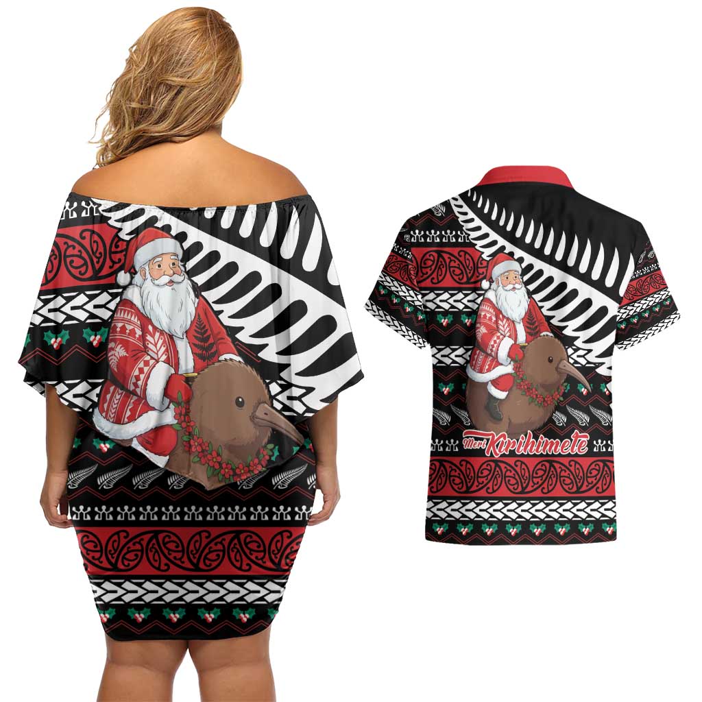 New Zealand Kiwi Santa Christmas Couples Matching Off Shoulder Short Dress and Hawaiian Shirt He Wairua Kirihimete - Aussie Hoodie