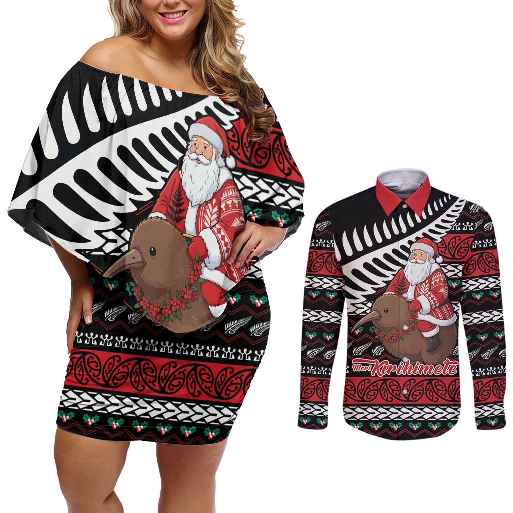 New Zealand Kiwi Santa Christmas Couples Matching Off Shoulder Short Dress and Long Sleeve Button Shirt He Wairua Kirihimete - Aussie Hoodie