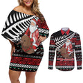 New Zealand Kiwi Santa Christmas Couples Matching Off Shoulder Short Dress and Long Sleeve Button Shirt He Wairua Kirihimete - Aussie Hoodie