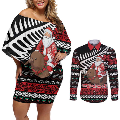 New Zealand Kiwi Santa Christmas Couples Matching Off Shoulder Short Dress and Long Sleeve Button Shirt He Wairua Kirihimete - Aussie Hoodie