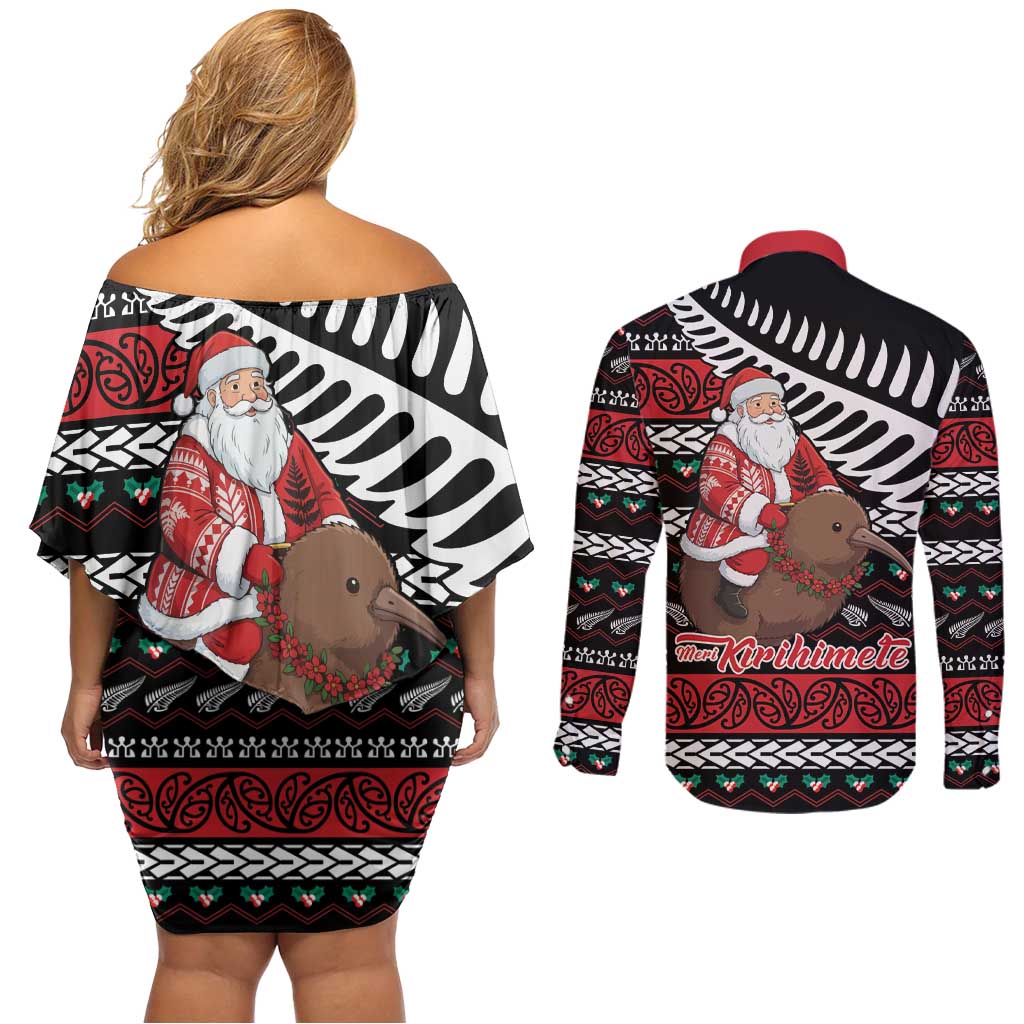 New Zealand Kiwi Santa Christmas Couples Matching Off Shoulder Short Dress and Long Sleeve Button Shirt He Wairua Kirihimete - Aussie Hoodie