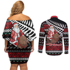 New Zealand Kiwi Santa Christmas Couples Matching Off Shoulder Short Dress and Long Sleeve Button Shirt He Wairua Kirihimete - Aussie Hoodie
