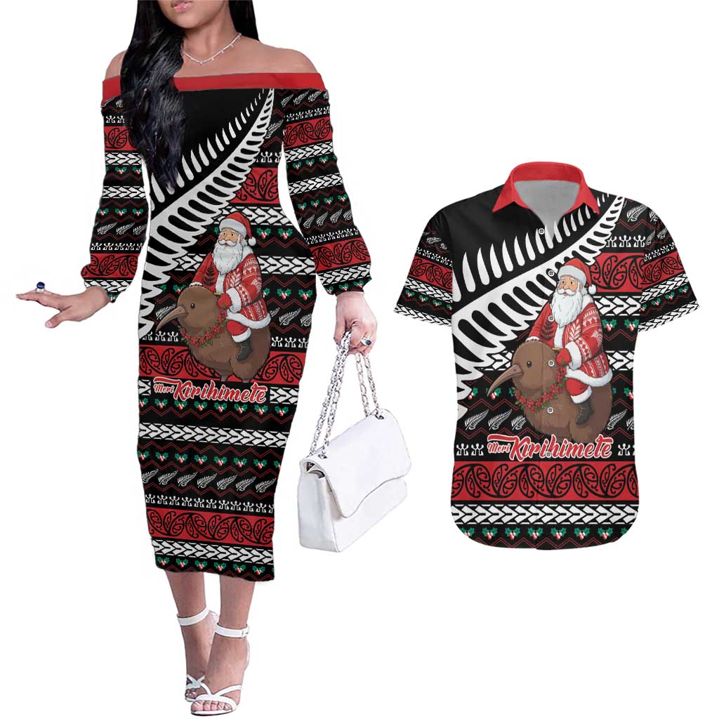 New Zealand Kiwi Santa Christmas Couples Matching Off The Shoulder Long Sleeve Dress and Hawaiian Shirt He Wairua Kirihimete - Aussie Hoodie