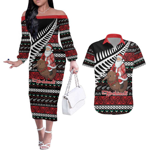 New Zealand Kiwi Santa Christmas Couples Matching Off The Shoulder Long Sleeve Dress and Hawaiian Shirt He Wairua Kirihimete - Aussie Hoodie
