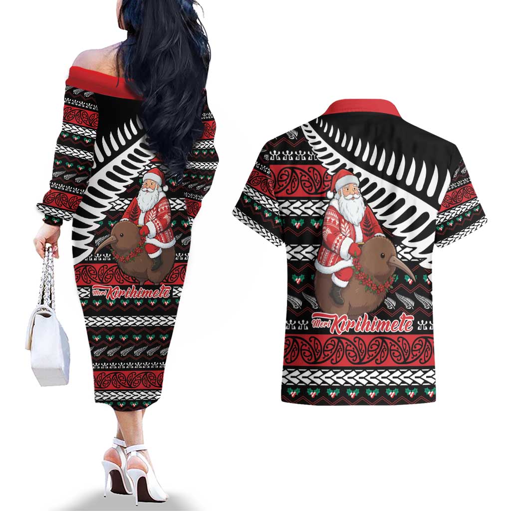 New Zealand Kiwi Santa Christmas Couples Matching Off The Shoulder Long Sleeve Dress and Hawaiian Shirt He Wairua Kirihimete - Aussie Hoodie