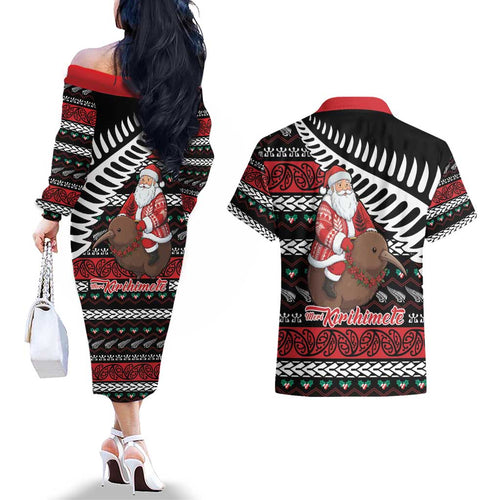 New Zealand Kiwi Santa Christmas Couples Matching Off The Shoulder Long Sleeve Dress and Hawaiian Shirt He Wairua Kirihimete - Aussie Hoodie