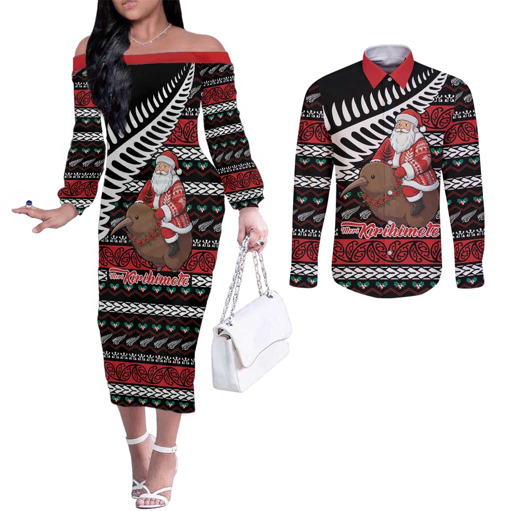 New Zealand Kiwi Santa Christmas Couples Matching Off The Shoulder Long Sleeve Dress and Long Sleeve Button Shirt He Wairua Kirihimete - Aussie Hoodie