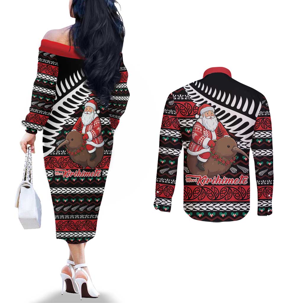 New Zealand Kiwi Santa Christmas Couples Matching Off The Shoulder Long Sleeve Dress and Long Sleeve Button Shirt He Wairua Kirihimete - Aussie Hoodie