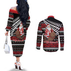 New Zealand Kiwi Santa Christmas Couples Matching Off The Shoulder Long Sleeve Dress and Long Sleeve Button Shirt He Wairua Kirihimete - Aussie Hoodie