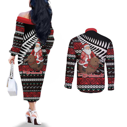 New Zealand Kiwi Santa Christmas Couples Matching Off The Shoulder Long Sleeve Dress and Long Sleeve Button Shirt He Wairua Kirihimete - Aussie Hoodie