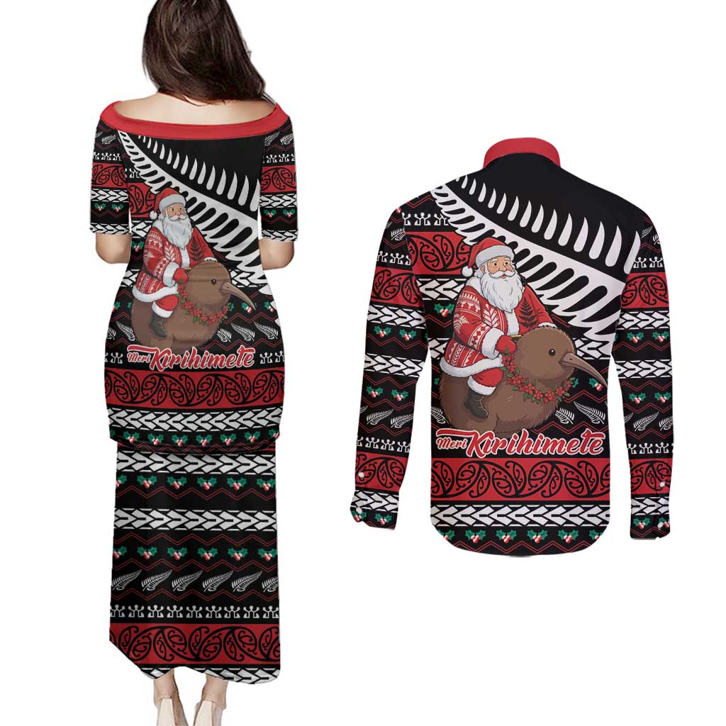 New Zealand Kiwi Santa Christmas Couples Matching Puletasi and Long Sleeve Button Shirt He Wairua Kirihimete - Aussie Hoodie