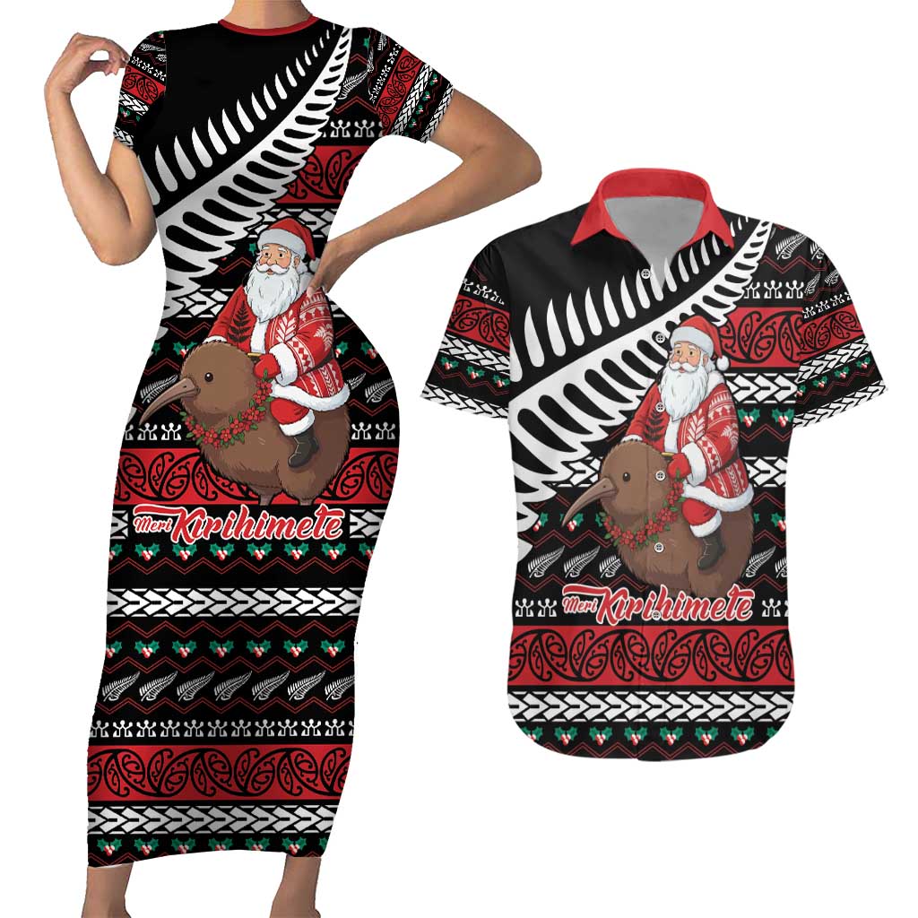New Zealand Kiwi Santa Christmas Couples Matching Short Sleeve Bodycon Dress and Hawaiian Shirt He Wairua Kirihimete - Aussie Hoodie