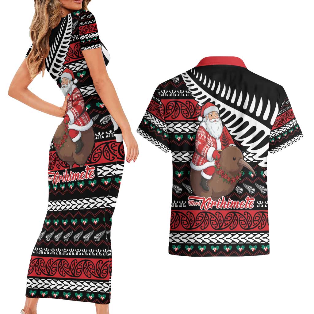 New Zealand Kiwi Santa Christmas Couples Matching Short Sleeve Bodycon Dress and Hawaiian Shirt He Wairua Kirihimete - Aussie Hoodie