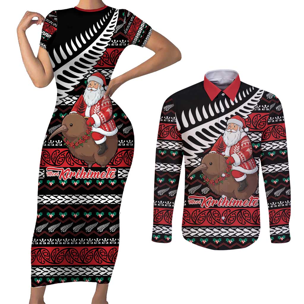 New Zealand Kiwi Santa Christmas Couples Matching Short Sleeve Bodycon Dress and Long Sleeve Button Shirt He Wairua Kirihimete - Aussie Hoodie