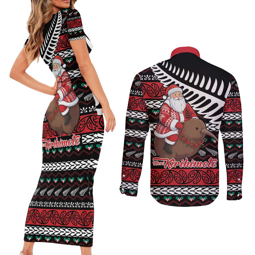 New Zealand Kiwi Santa Christmas Couples Matching Short Sleeve Bodycon Dress and Long Sleeve Button Shirt He Wairua Kirihimete - Aussie Hoodie