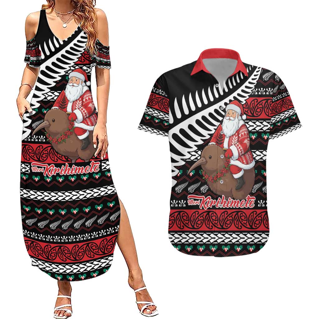New Zealand Kiwi Santa Christmas Couples Matching Summer Maxi Dress and Hawaiian Shirt He Wairua Kirihimete - Aussie Hoodie