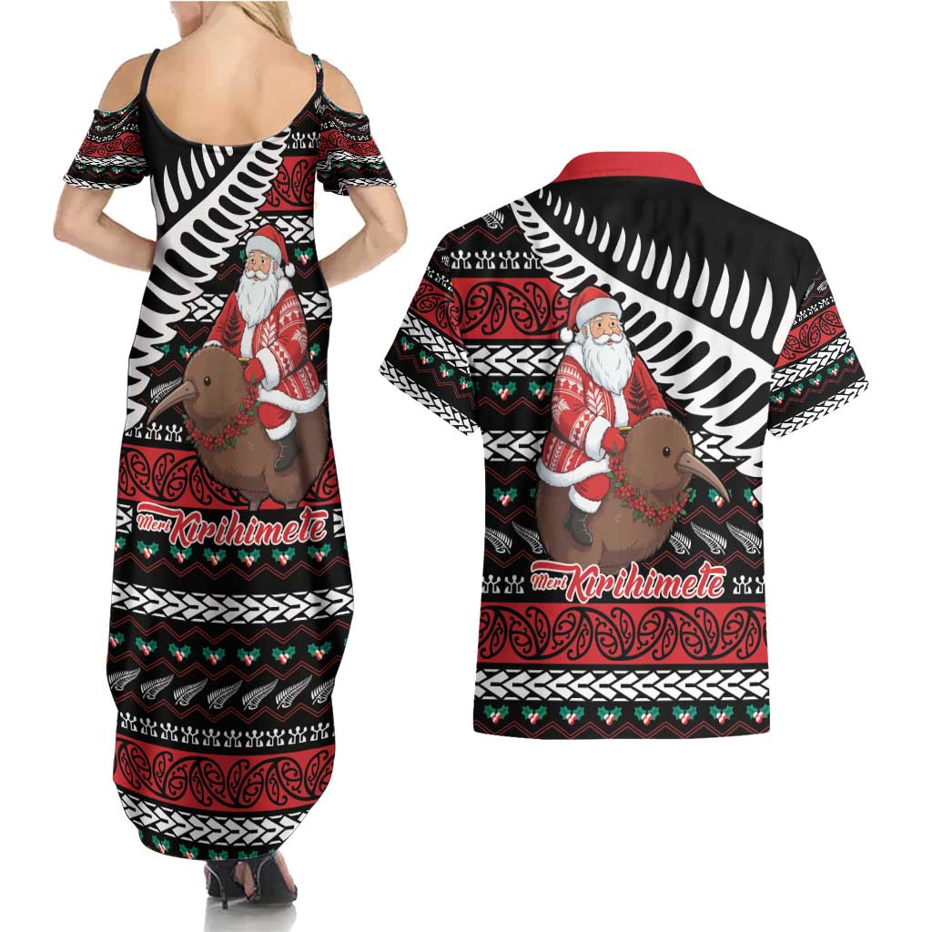 New Zealand Kiwi Santa Christmas Couples Matching Summer Maxi Dress and Hawaiian Shirt He Wairua Kirihimete - Aussie Hoodie