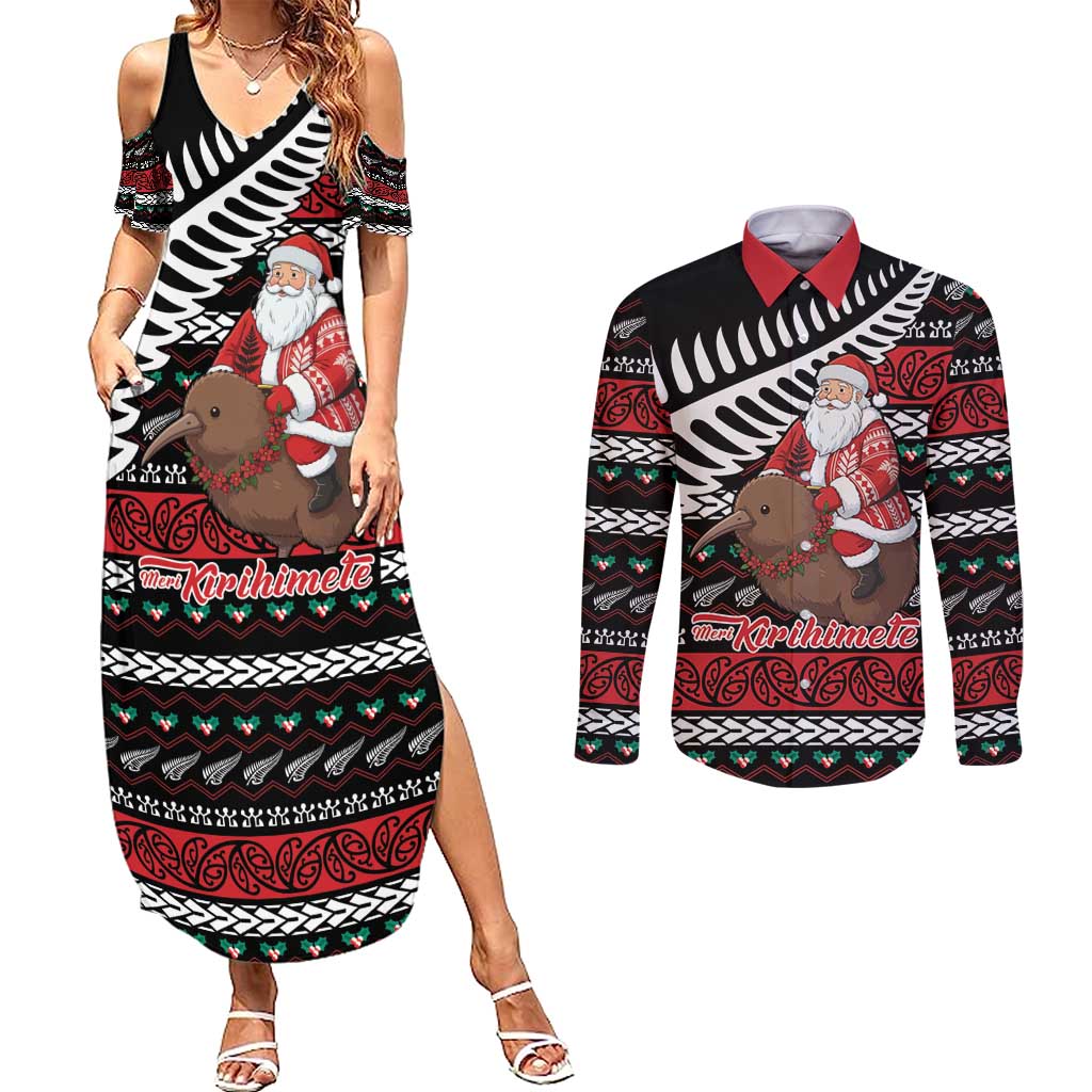 New Zealand Kiwi Santa Christmas Couples Matching Summer Maxi Dress and Long Sleeve Button Shirt He Wairua Kirihimete - Aussie Hoodie