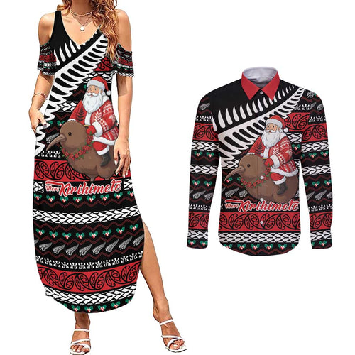 New Zealand Kiwi Santa Christmas Couples Matching Summer Maxi Dress and Long Sleeve Button Shirt He Wairua Kirihimete - Aussie Hoodie