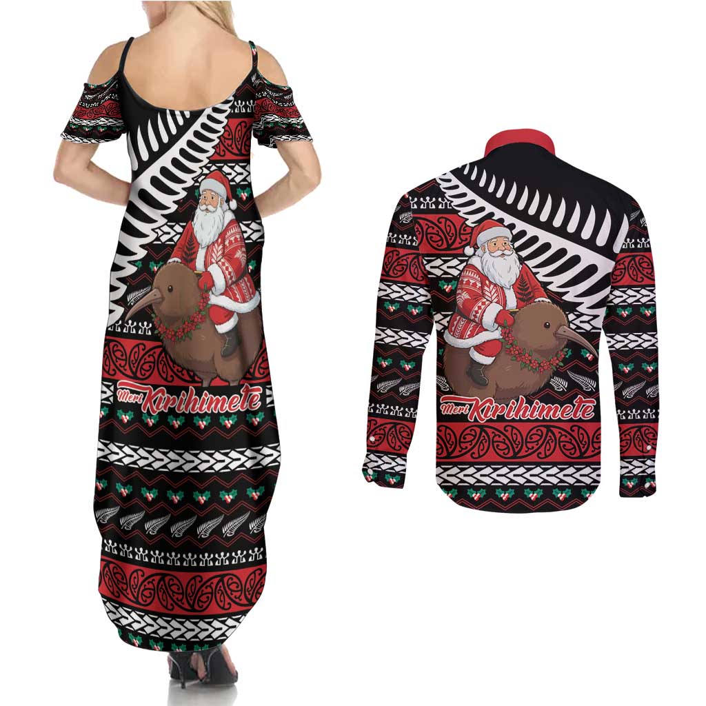 New Zealand Kiwi Santa Christmas Couples Matching Summer Maxi Dress and Long Sleeve Button Shirt He Wairua Kirihimete - Aussie Hoodie