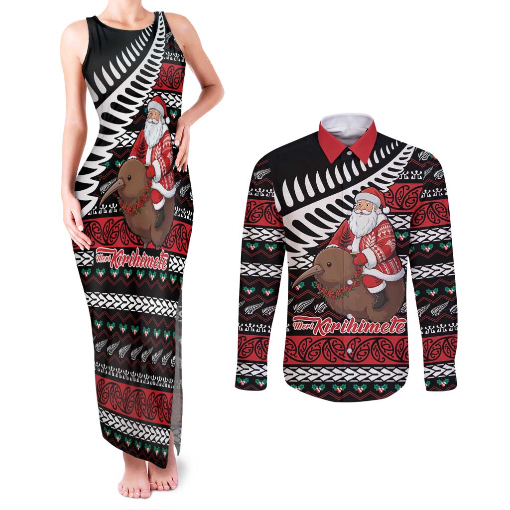 New Zealand Kiwi Santa Christmas Couples Matching Tank Maxi Dress and Long Sleeve Button Shirt He Wairua Kirihimete - Aussie Hoodie