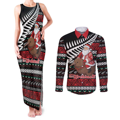 New Zealand Kiwi Santa Christmas Couples Matching Tank Maxi Dress and Long Sleeve Button Shirt He Wairua Kirihimete - Aussie Hoodie