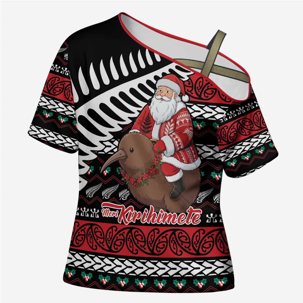 New Zealand Kiwi Santa Christmas Cross Shoulder Shirt He Wairua Kirihimete - Aussie Hoodie