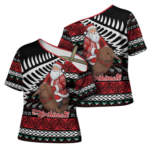 New Zealand Kiwi Santa Christmas Cross Shoulder Shirt He Wairua Kirihimete - Aussie Hoodie