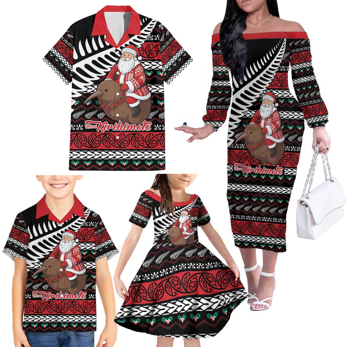 New Zealand Kiwi Santa Christmas Family Matching Off The Shoulder Long Sleeve Dress and Hawaiian Shirt He Wairua Kirihimete - Aussie Hoodie
