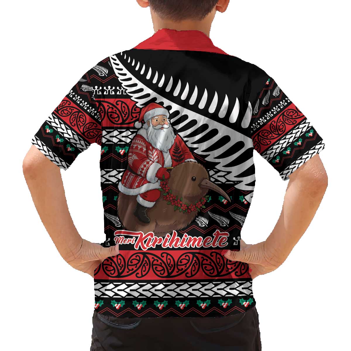 New Zealand Kiwi Santa Christmas Family Matching Off The Shoulder Long Sleeve Dress and Hawaiian Shirt He Wairua Kirihimete - Aussie Hoodie
