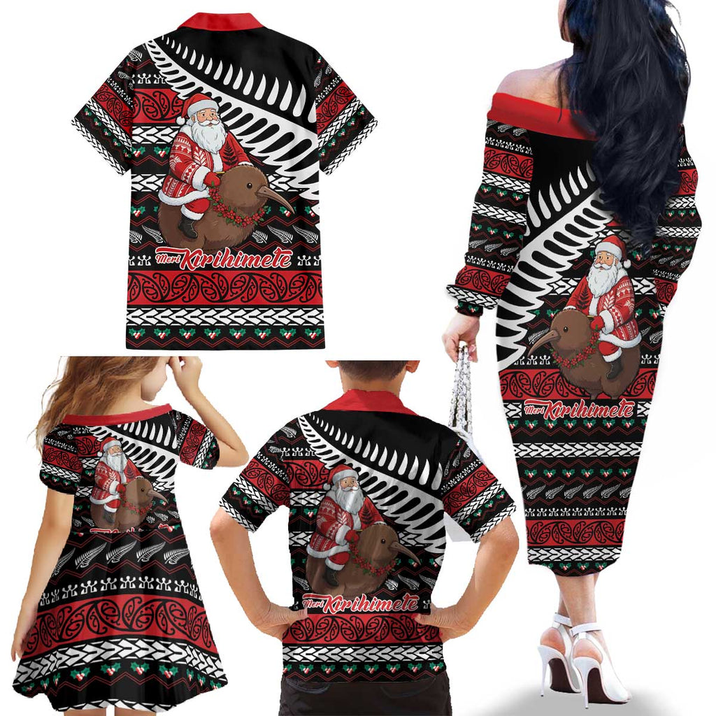 New Zealand Kiwi Santa Christmas Family Matching Off The Shoulder Long Sleeve Dress and Hawaiian Shirt He Wairua Kirihimete - Aussie Hoodie