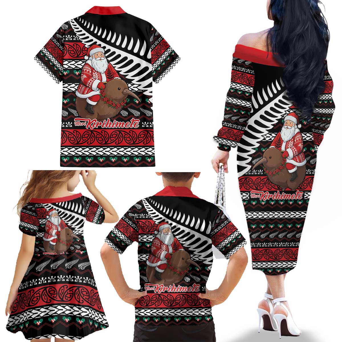 New Zealand Kiwi Santa Christmas Family Matching Off The Shoulder Long Sleeve Dress and Hawaiian Shirt He Wairua Kirihimete - Aussie Hoodie