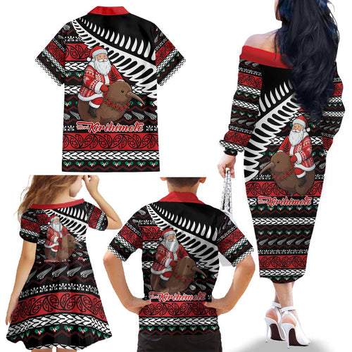 New Zealand Kiwi Santa Christmas Family Matching Off The Shoulder Long Sleeve Dress and Hawaiian Shirt He Wairua Kirihimete - Aussie Hoodie