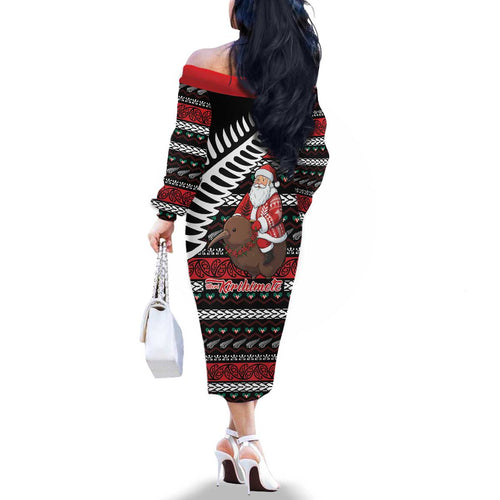 New Zealand Kiwi Santa Christmas Family Matching Off The Shoulder Long Sleeve Dress and Hawaiian Shirt He Wairua Kirihimete - Aussie Hoodie