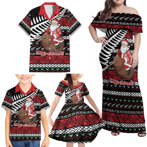 New Zealand Kiwi Santa Christmas Family Matching Off Shoulder Maxi Dress and Hawaiian Shirt He Wairua Kirihimete - Aussie Hoodie