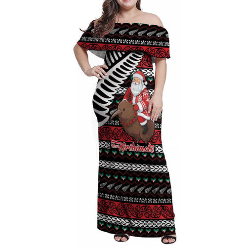 New Zealand Kiwi Santa Christmas Family Matching Off Shoulder Maxi Dress and Hawaiian Shirt He Wairua Kirihimete - Aussie Hoodie