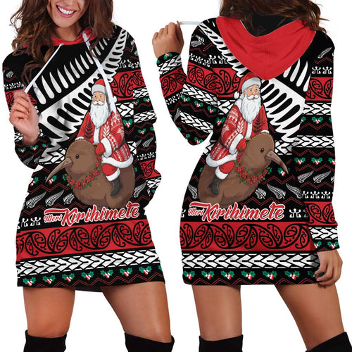 New Zealand Kiwi Santa Christmas Hoodie Dress He Wairua Kirihimete - Aussie Hoodie